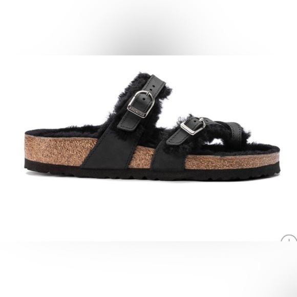 Birkenstock Black Mayari Shearling Oiled Leather single toe loop cork shoe size8 - Picture 2 of 9
